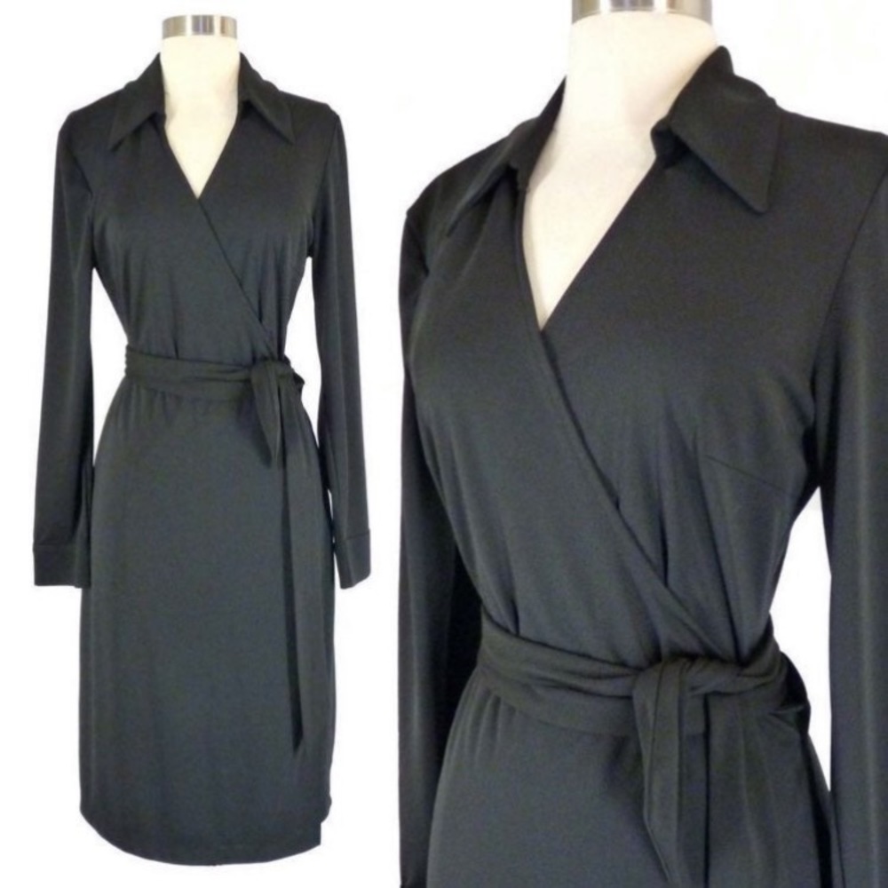 SOLD! Express Black Long Sleeve Collared V-Neck Tie Wrap Midi Dress 7/8 - Picture 2 of 16